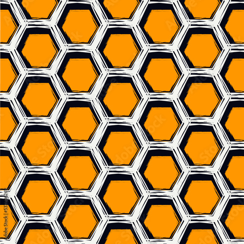 Paint brush hexagons. Hand drawn honeycombs background. Hexahedrons wallpaper. Hives motif. Geometric backdrop. Ethnic digital paper. Web designing. Textile print. Seamless pattern.