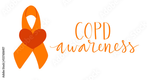 COPD chronic obstructive pulmonary disease awareness month Novermber handwritten lettering. Orange support ribbon. Web banner vector