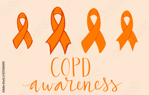 COPD chronic obstructive pulmonary disease awareness month Novermber handwritten lettering. Orange support ribbon. Web banner vector
