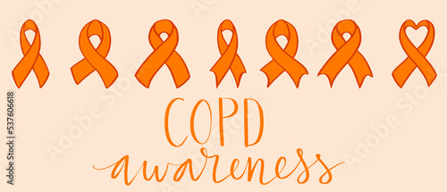 COPD chronic obstructive pulmonary disease awareness month Novermber handwritten lettering. Orange support ribbon. Web banner vector