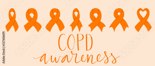 COPD chronic obstructive pulmonary disease awareness month Novermber handwritten lettering. Orange support ribbon. Web banner vector
