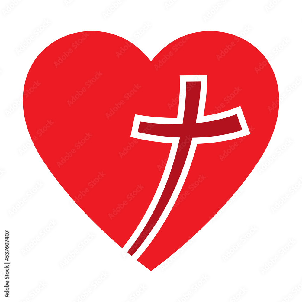 Obraz premium Christian cross icon in the heart inside. Jesus love symbol. God vector illustration.