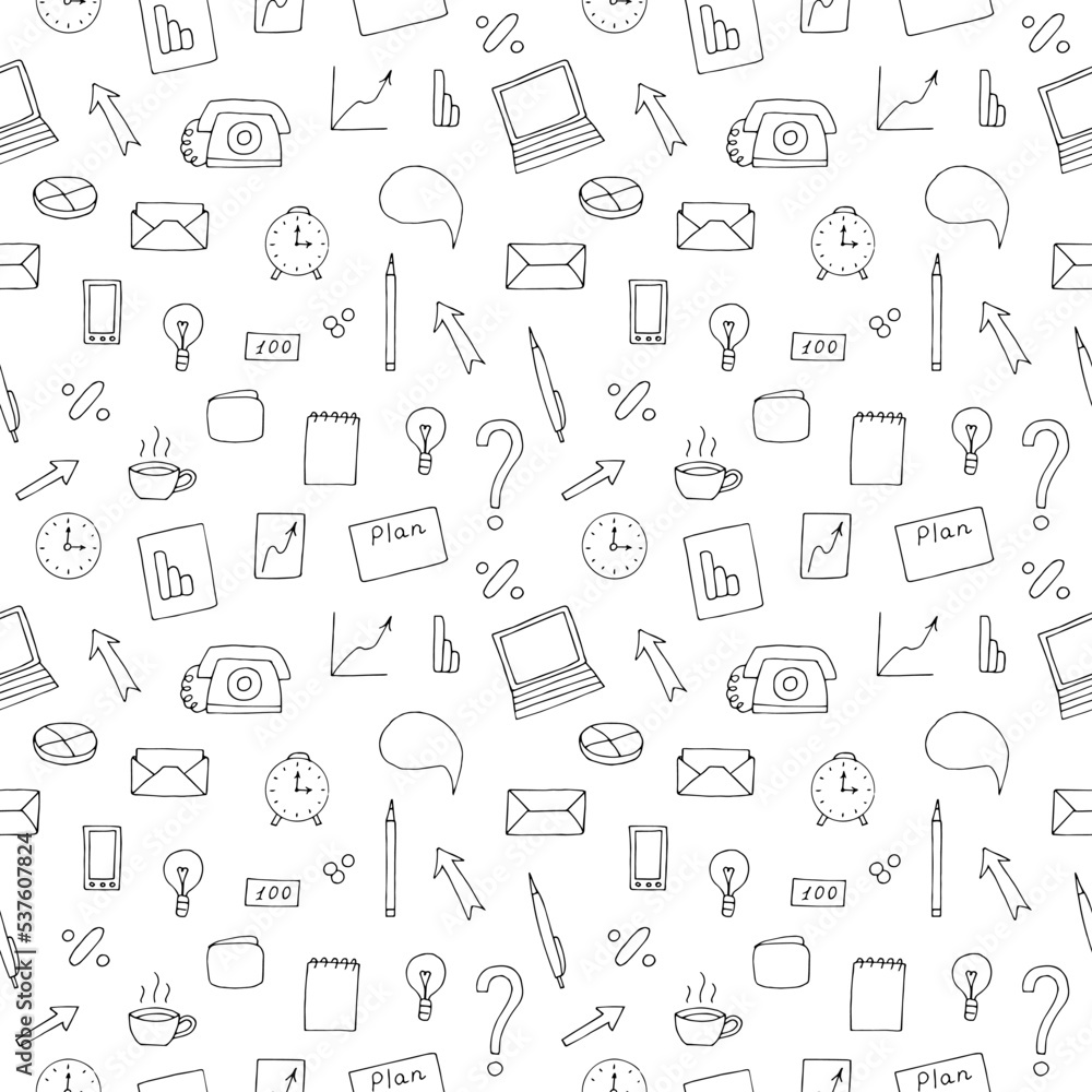 Business planning seamless pattern vector illustration, hand drawing doodles