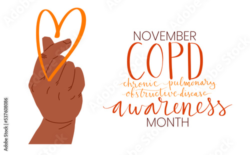 COPD chronic obstructive pulmonary disease awareness month Novermber handwritten lettering. Human hands holding orange support ribbon symbol. Web banner vector