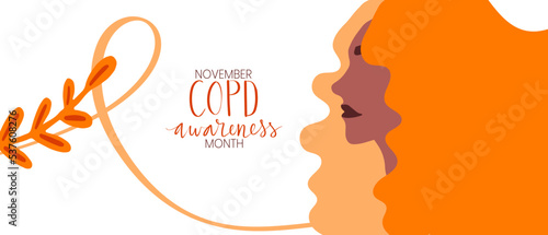 COPD chronic obstructive pulmonary disease awareness month Novermber handwritten lettering. Orange support ribbon. African american woman side view portrait. Web banner vector