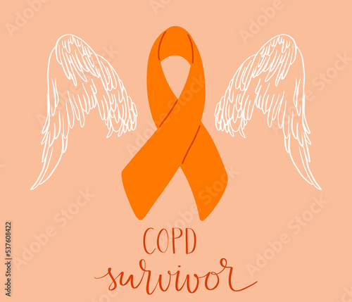 COPD chronic obstructive pulmonary disease awareness month Novermber handwritten lettering. Orange support ribbon with angel wings. Web banner vector