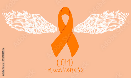COPD chronic obstructive pulmonary disease awareness month Novermber handwritten lettering. Orange support ribbon with angel wings. Web banner vector
