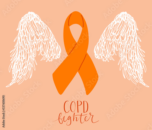 COPD chronic obstructive pulmonary disease awareness month Novermber handwritten lettering. Orange support ribbon with angel wings. Web banner vector
