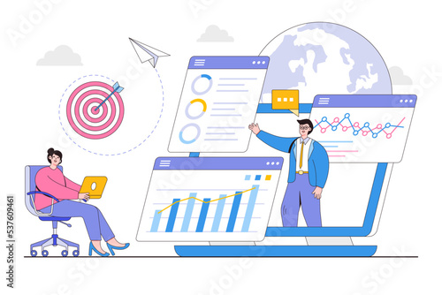 Flat webinar, employees training, distance education, video tutorial, online business conference concept. Outline design style minimal vector illustration