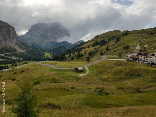 View to Langkofel Sassolungo mountain in the dolomites. south tyrol, gardena valley, italy.