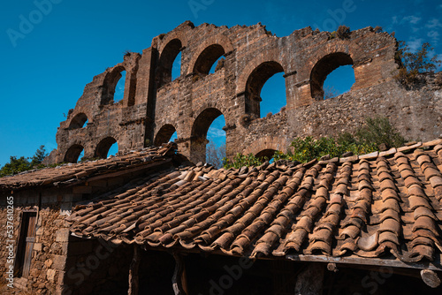 Aspendos Aqueduct Over Clay Tiled Home, Serik Turkiye