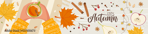 Cozy autumn banner. Cozy romantic concept with hot drink, girl hands, Autumn decorations, red leaves. Cute Autumn flat Vector illustration in flat style for Fall mood poster, web design template.