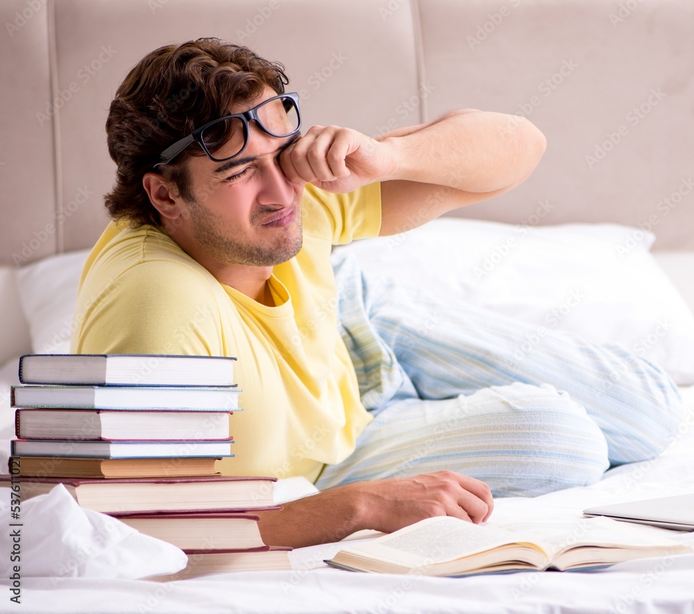 Young student studying in bed for exams Young student studying in bed for exams
