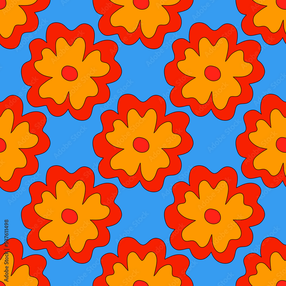 square vector seamless pattern - flower in hippie style.1970 good vibes.Funky and groovy 1980 daisy flower.1960 psychedelic ornament.Summer botanic back.Floral fall autumn naive social media template square vector seamless pattern - flower in hippie style.1970 good vibes.Funky and groovy 1980 daisy flower.1960 psychedelic ornament.Summer botanic back.Floral fall autumn naive social media template