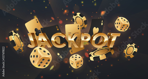 Golden letters Jackpot with falling black and gold poker chips, tokens, dices, playing cards on black background with gold lights, sparkles and bokeh. Vector illustration.