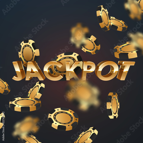 Poster with falling gold poker chips, tokens with golden letters Jackpot on black background with golden glare, sparkles. Vector illustration for casino, game design, advertising