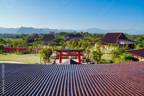 High angle view from a roof-top building overlooking Hinoki Land Thailand, a tourist attraction in Chiang Mai, is a beautiful Japanese-style attraction in a park.