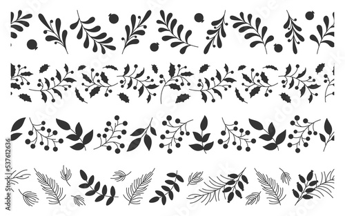 Christmas floral seamless border silhouette set. New year print pattern frame decor sticker stencil infinite holiday decorative ribbon scotch tape leaf berry branch evergreen plant winter ornament