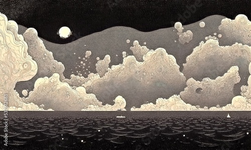 moonrise night by the sea. programmed hand drawn painting. photo