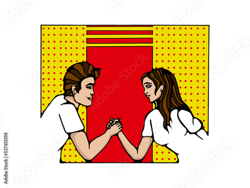 Arm wrestling between an arguing couple in love, a man and a woman.