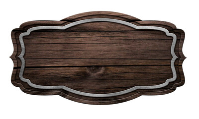 Wooden signboard highlighted with dark wood with iron stripes on a white background