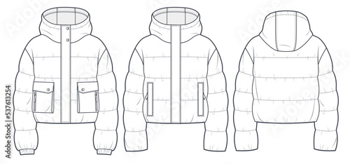 Hooded Puffer Jacket technical fashion Illustration. Cropped  Down Jacket technical drawing template, long sleeve, pocket, front and back view, white, women, men, unisex CAD mockup set.