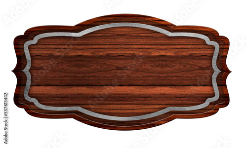 Wooden signboard highlighted with dark wood with iron stripes on a white background