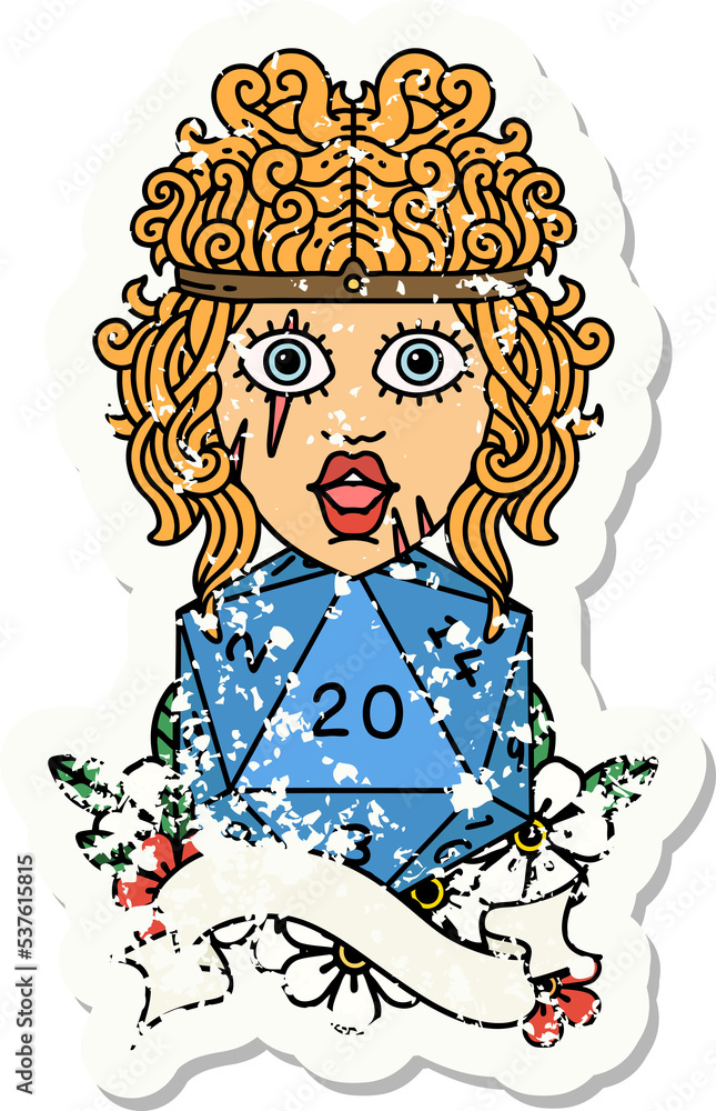 grunge sticker of a human barbarian with natural 20 dice roll grunge sticker of a human barbarian with natural 20 dice roll