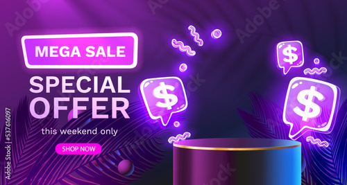 Mega sale special offer, Stage podium dollar, Stage Podium Scene with for Award, Decor element background. Vector