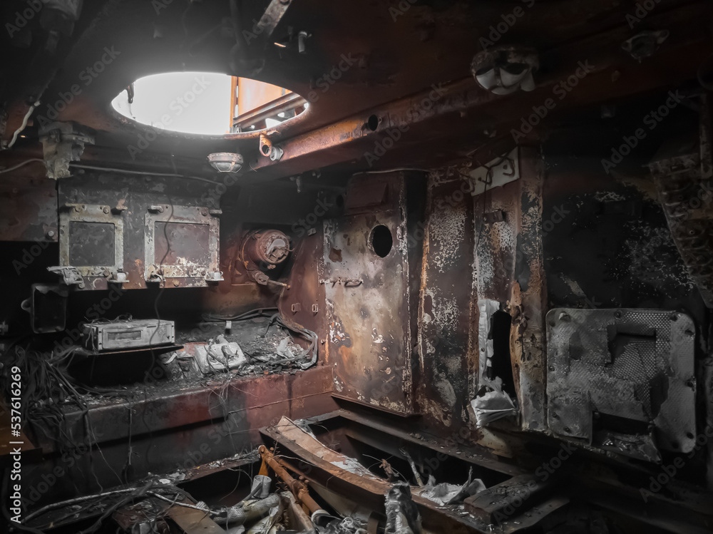 The interior of the burned down Russian station of radio combat.