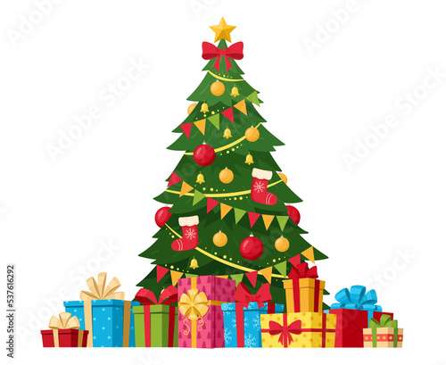 Cartoon Christmas decorated xmas green fir tree with wrapped gift boxes pile, flat png illustration symbols illustration