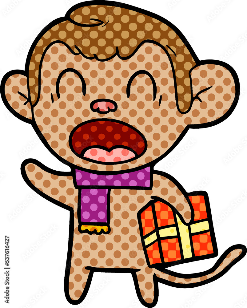 shouting cartoon monkey carrying christmas gift shouting cartoon monkey carrying christmas gift