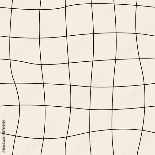 Abstract vector seamless pattern with distorted cage in y2k style. Twisted checkered funky background. 90s, 00s aesthetic. Retro wavy linear checkerboard