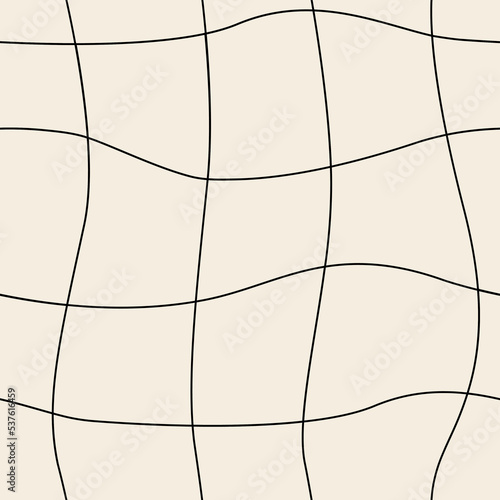 Abstract vector seamless pattern with distorted cage in y2k style. Twisted checkered funky background. 90s, 00s aesthetic. Retro wavy linear checkerboard