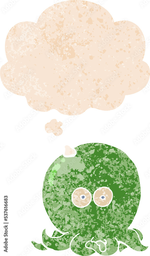 cartoon octopus with thought bubble in grunge distressed retro textured style cartoon octopus with thought bubble in grunge distressed retro textured style