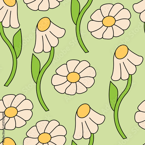 Seamless pattern with chamomile flowers. Retro vector floral background