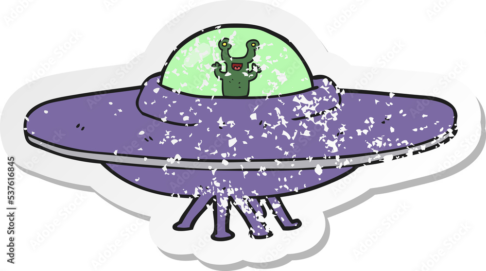 retro distressed sticker of a cartoon alien spaceship retro distressed sticker of a cartoon alien spaceship