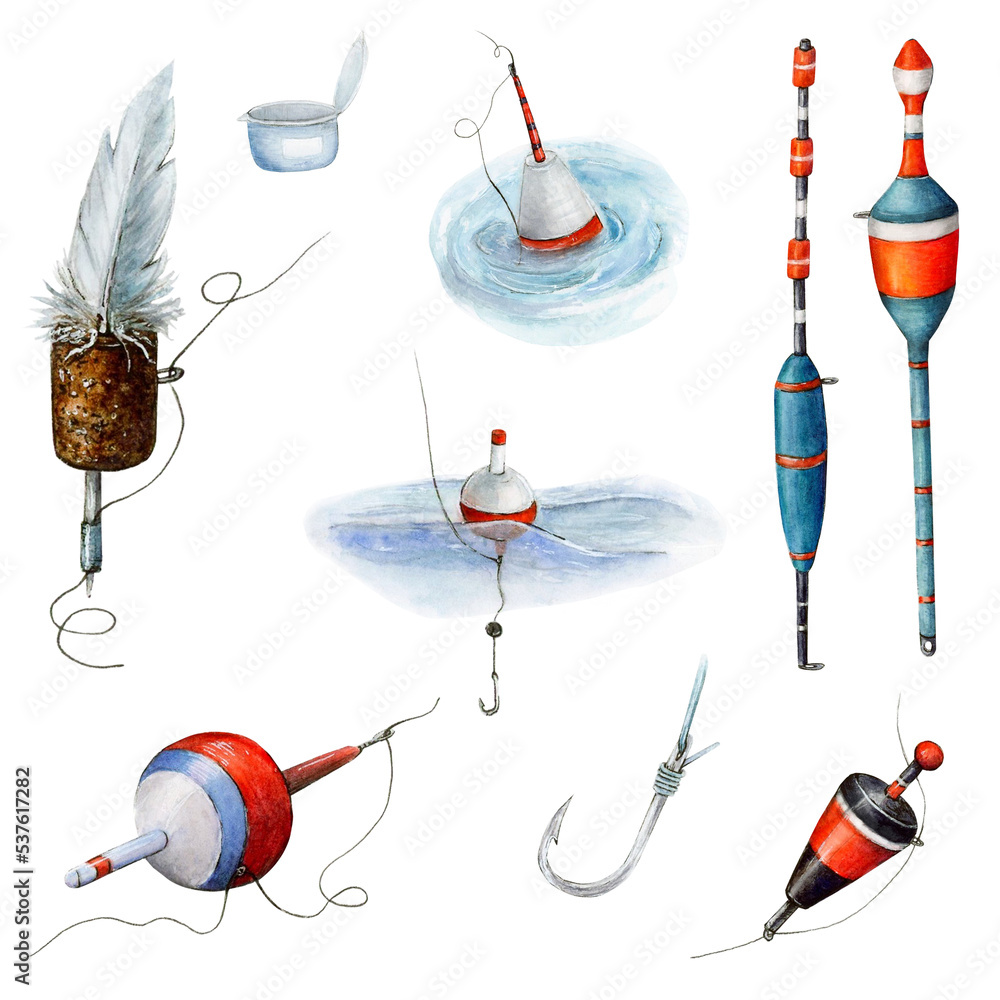 Set of Fishing Bobber is drawn on a white bright background and ...