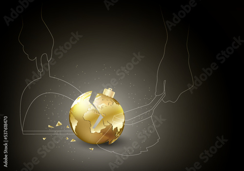 Broken Christmas golden ball with world map and human hands cleaning up broken toy on black background. Conceptual vector illustration the fragility of planet Earth.