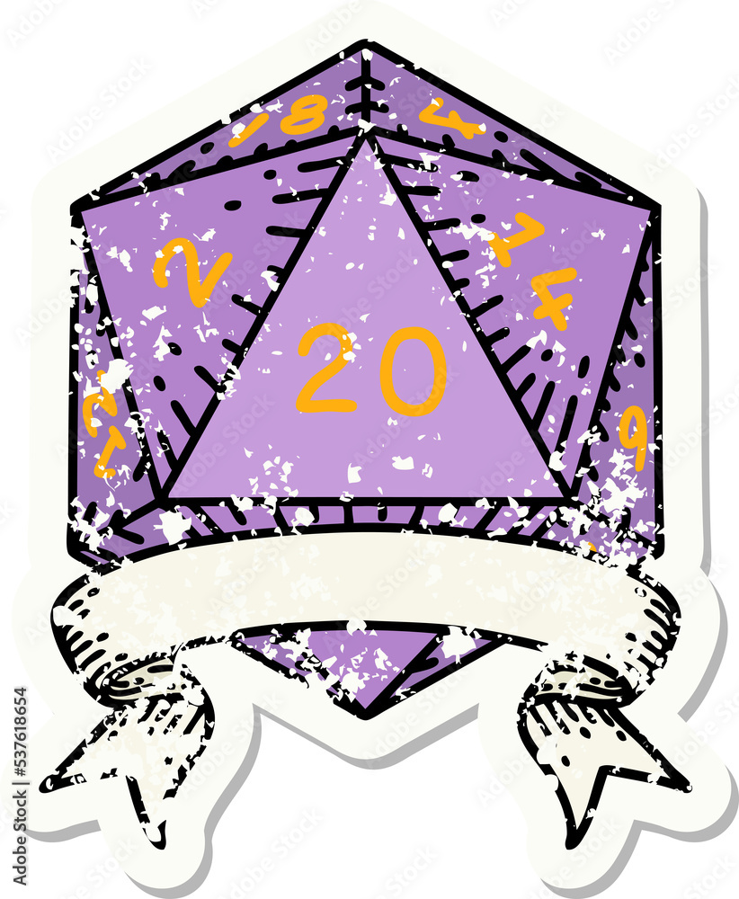 Fototapeta premium grunge sticker of a natural 20 critical hit D20 dice roll