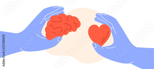 balance of mind and heart. Hands hold brain and heart. wellness concept. Flat vector illustration.