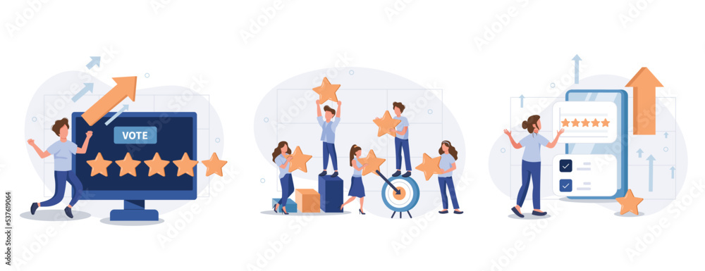 Customer feedback and user experience illustration set. Characters giving review to customer service operator, choosing emoji to show satisfaction rating and filling survey form. Vector illustration.
