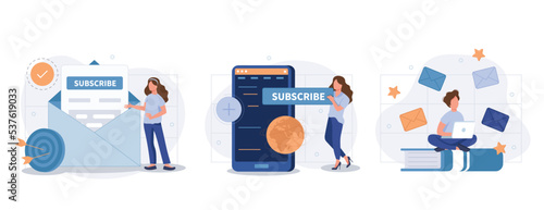 E-mail marketing and promotion illustration set. Characters sending advertising mails and promotional offers with sales and discounts. Ecommerce business concept. Vector illustration © makyzz