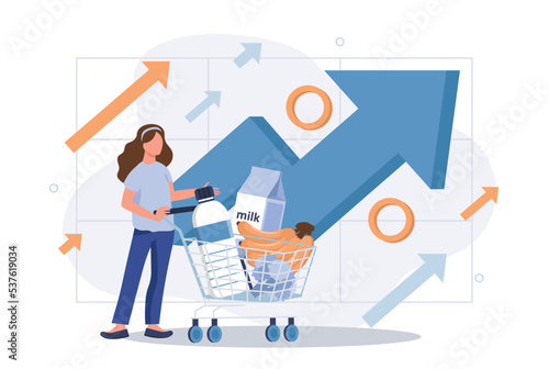 Inflation illustration. Character buying food in supermarket and worries about groceries rising price. Consumer price index growth and financial crisis concept. Vector illustration.