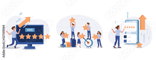 Customer feedback and user experience illustration set. Characters giving review to customer service operator, choosing emoji to show satisfaction rating and filling survey form. Vector illustration.