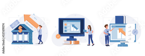 Financial illustration set. Lawyers working with public finance, tax law and other economics branches. Government spending, revenue and taxation concept. Vector illustration.