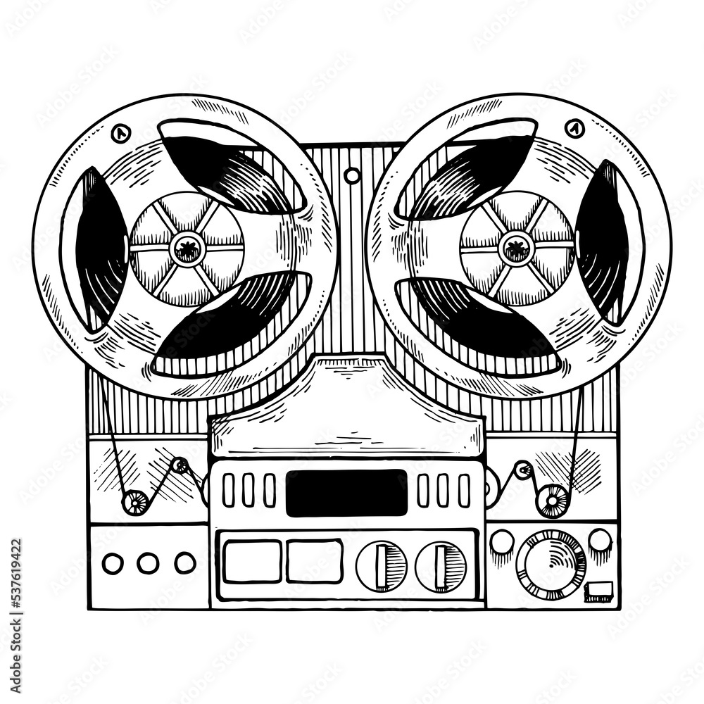 Tape recorder engraving style PNG illustration with transparent background Stock Illustration
