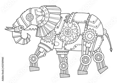 Steam punk style elephant coloring book PNG illustration with transparent background © Oleksandr Pokusai