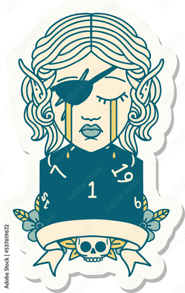 sticker of a crying elf rogue character with natural one D20 roll sticker of a crying elf rogue character with natural one D20 roll