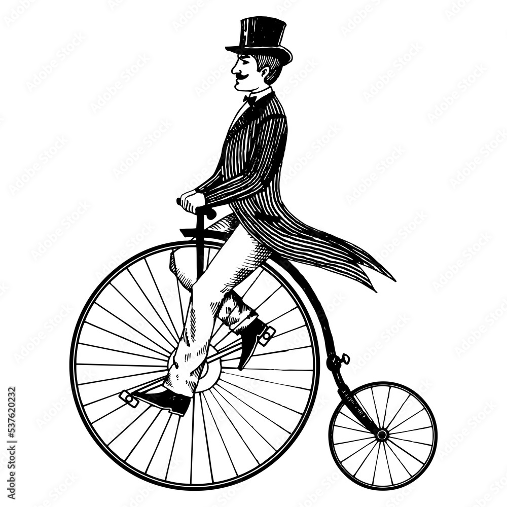 Obraz premium Man on retro vintage old bicycle engraving PNG illustration with transparent background